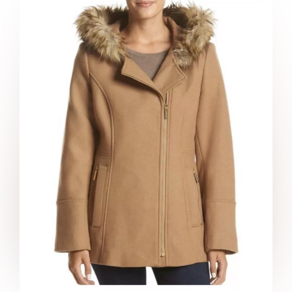 Michael Kors Women’s Camel Asymmetrical Wool Coat with Fur-Trimmed Hood